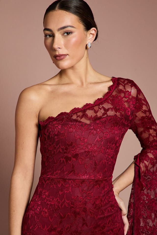 Coast Coast Women's One Shoulder Cap Detail Lace Maxi Dress in Wine - 2