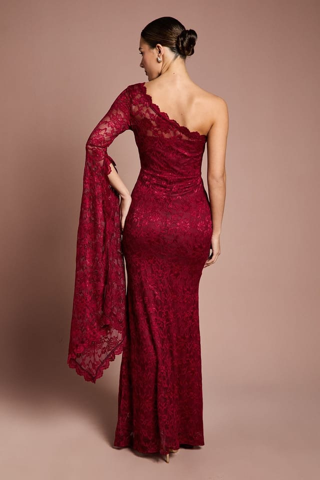 Coast Coast Women's One Shoulder Cap Detail Lace Maxi Dress in Wine - 3