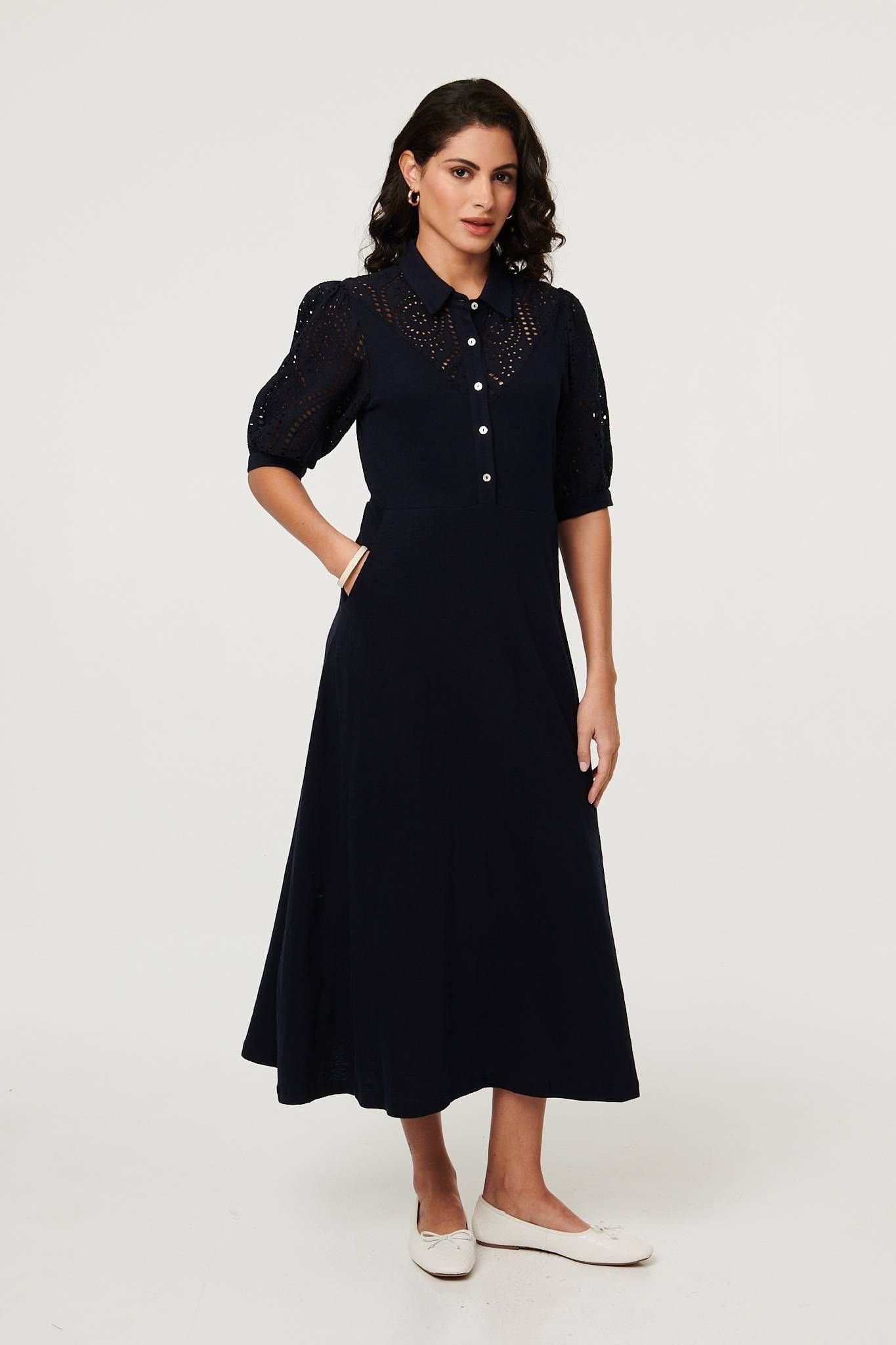 Izabel London Izabel London Women's Embroidered Texture Midi Shirt Dress in Navy