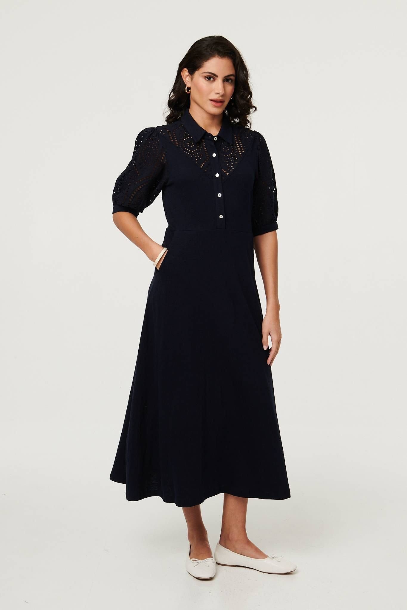 Izabel London Navy Embroidered Texture Midi Shirt Dress