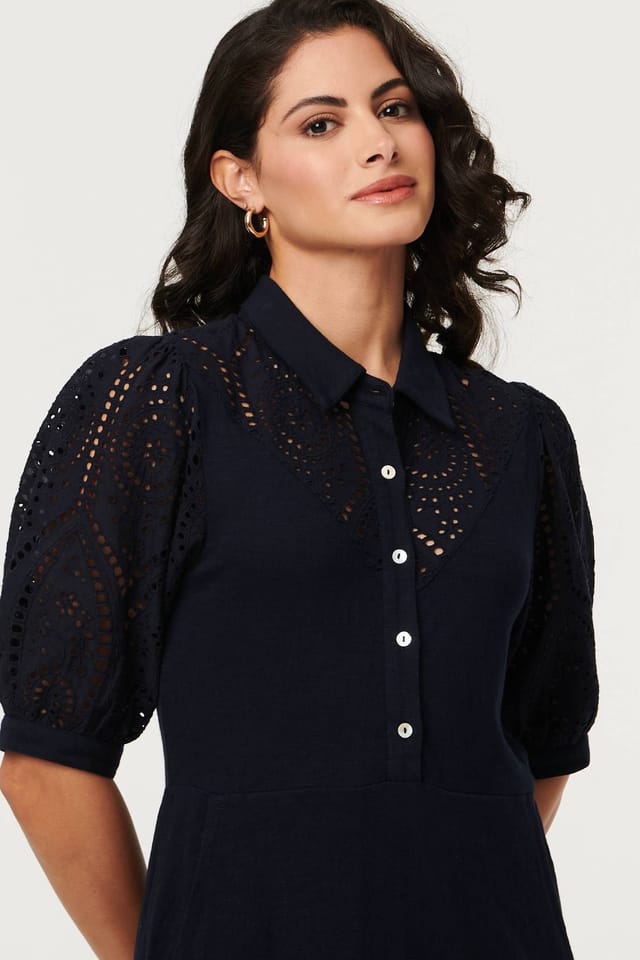 Izabel London Izabel London Women's Embroidered Texture Midi Shirt Dress in Navy - 2