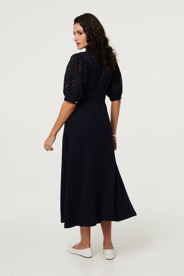 Izabel London Izabel London Women's Embroidered Texture Midi Shirt Dress in Navy - 3