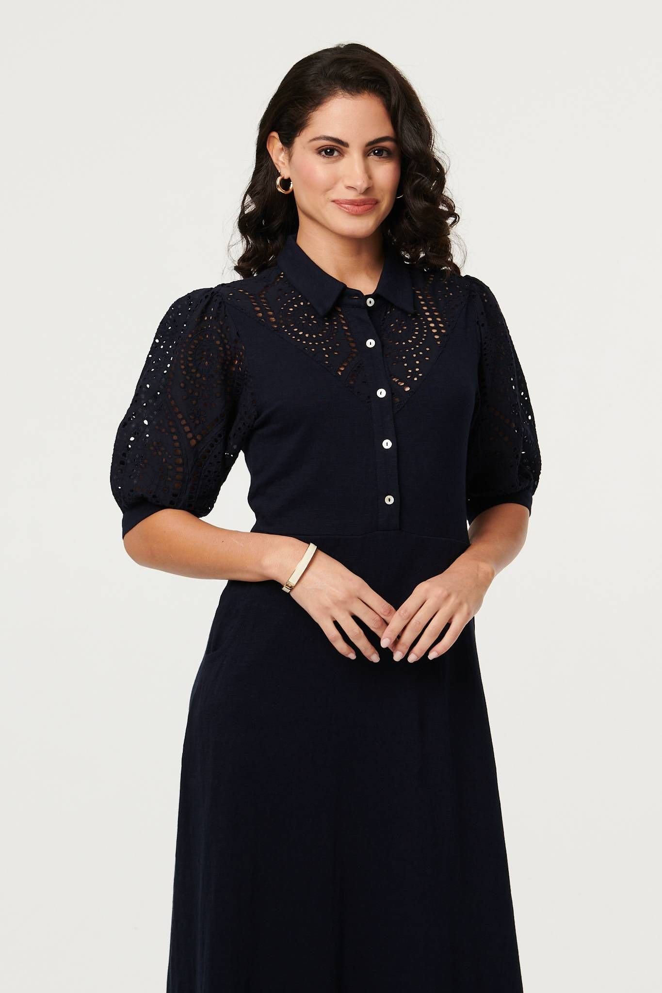 Izabel London Izabel London Women's Embroidered Texture Midi Shirt Dress in Navy - 4