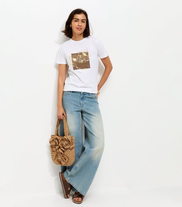 New Look Women's White Metallic Foil Flower Relaxed T-Shirt New Look - 3