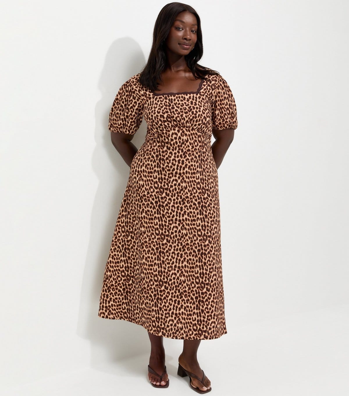 New Look Brown Animal Print Square Neck Midi Dress