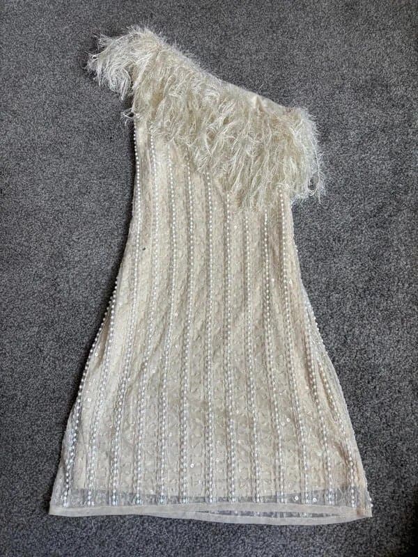 ASOS ASOS luxe nude Embelished beaded sequin feather fringe one shoulder mini dress