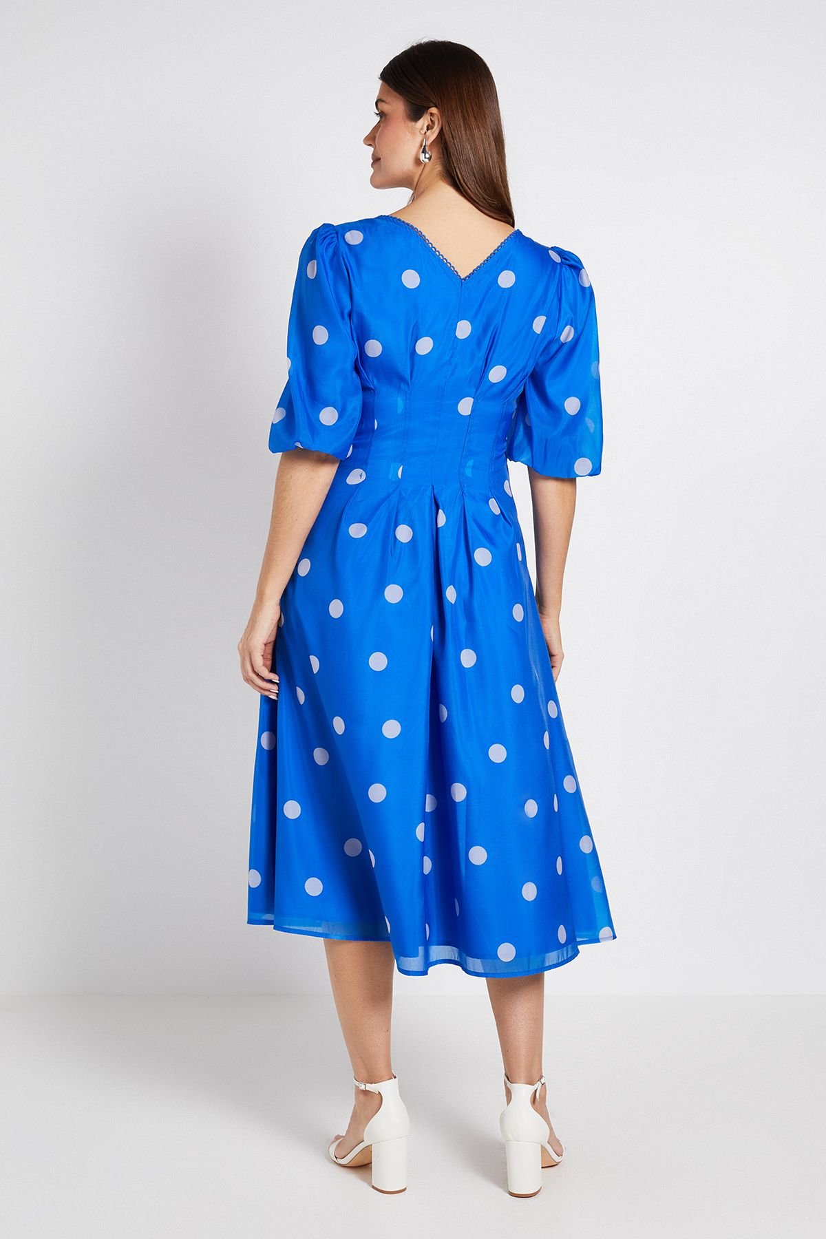 Wallis Wallis Women's Polka Dot Lace Trim Puff Sleeve Midi Dress in Cobalt - 3