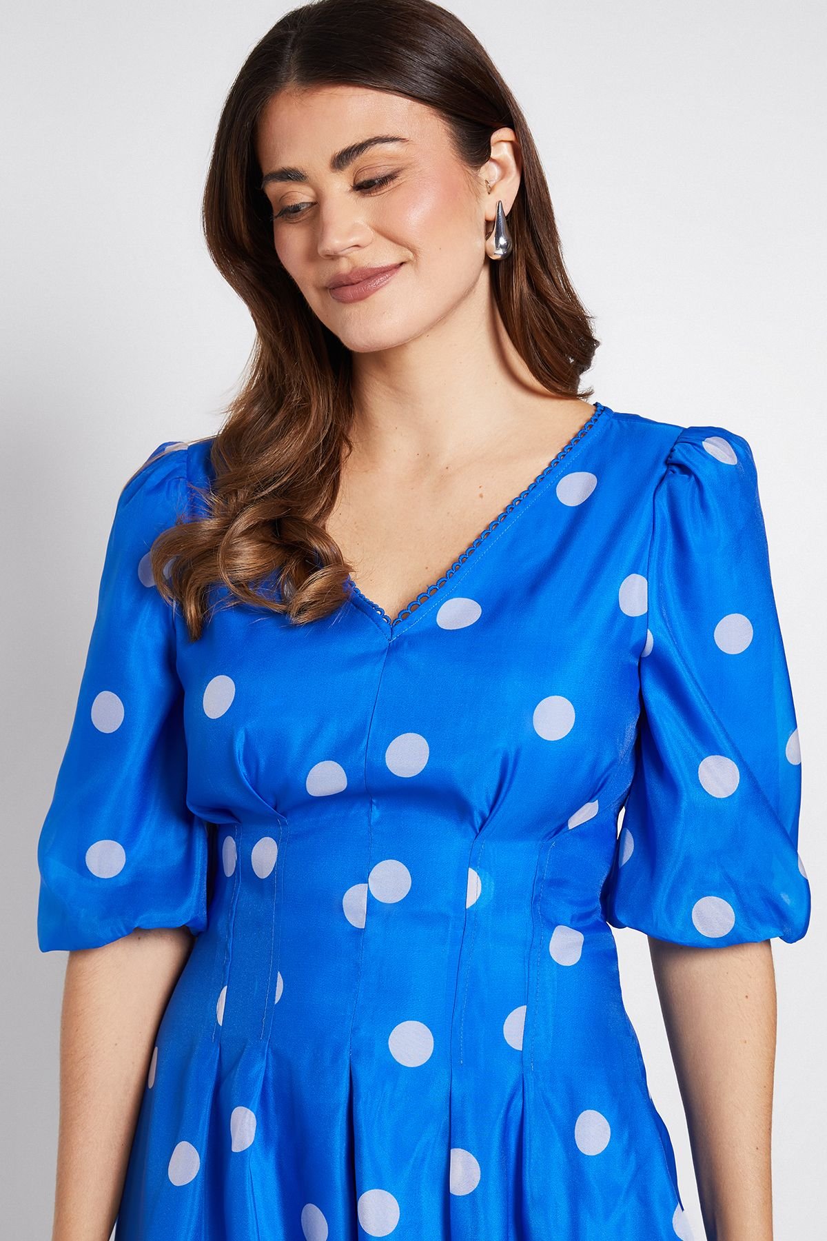 Wallis Wallis Women's Polka Dot Lace Trim Puff Sleeve Midi Dress in Cobalt - 4