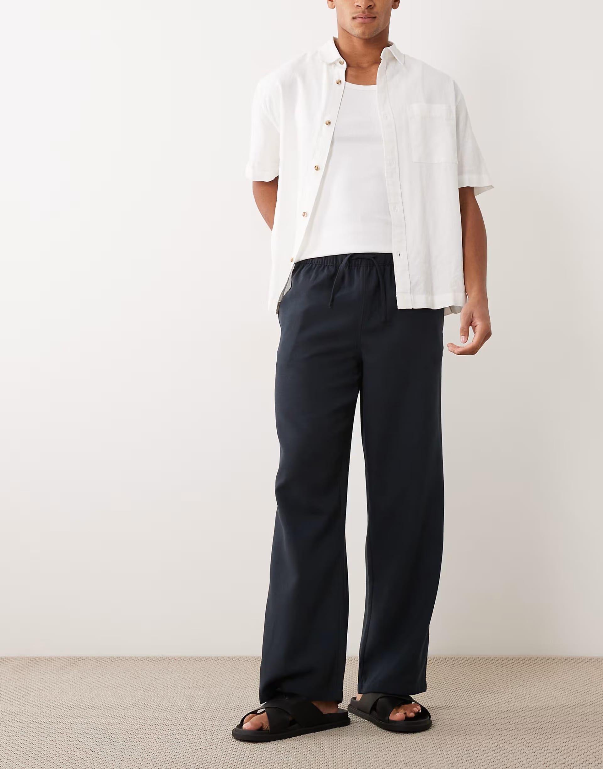 ASOS Navy Linen-Look Wide Leg Trousers