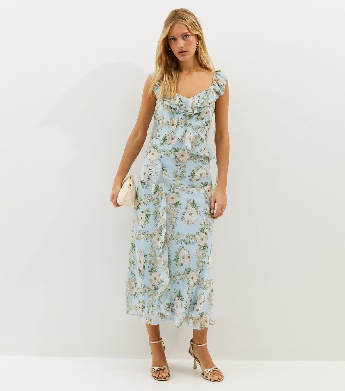 New Look Women's Light Blue Floral Chiffon Ruffle Midi Dress New Look