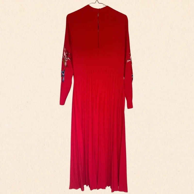 ASOS Embroidered Floral Pleated Midi Dress in Red