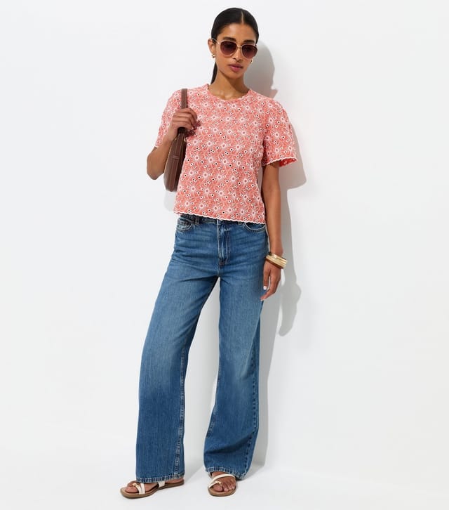 New Look Women's Light Coral Cutwork Floral Crew Neck Top New Look - 2