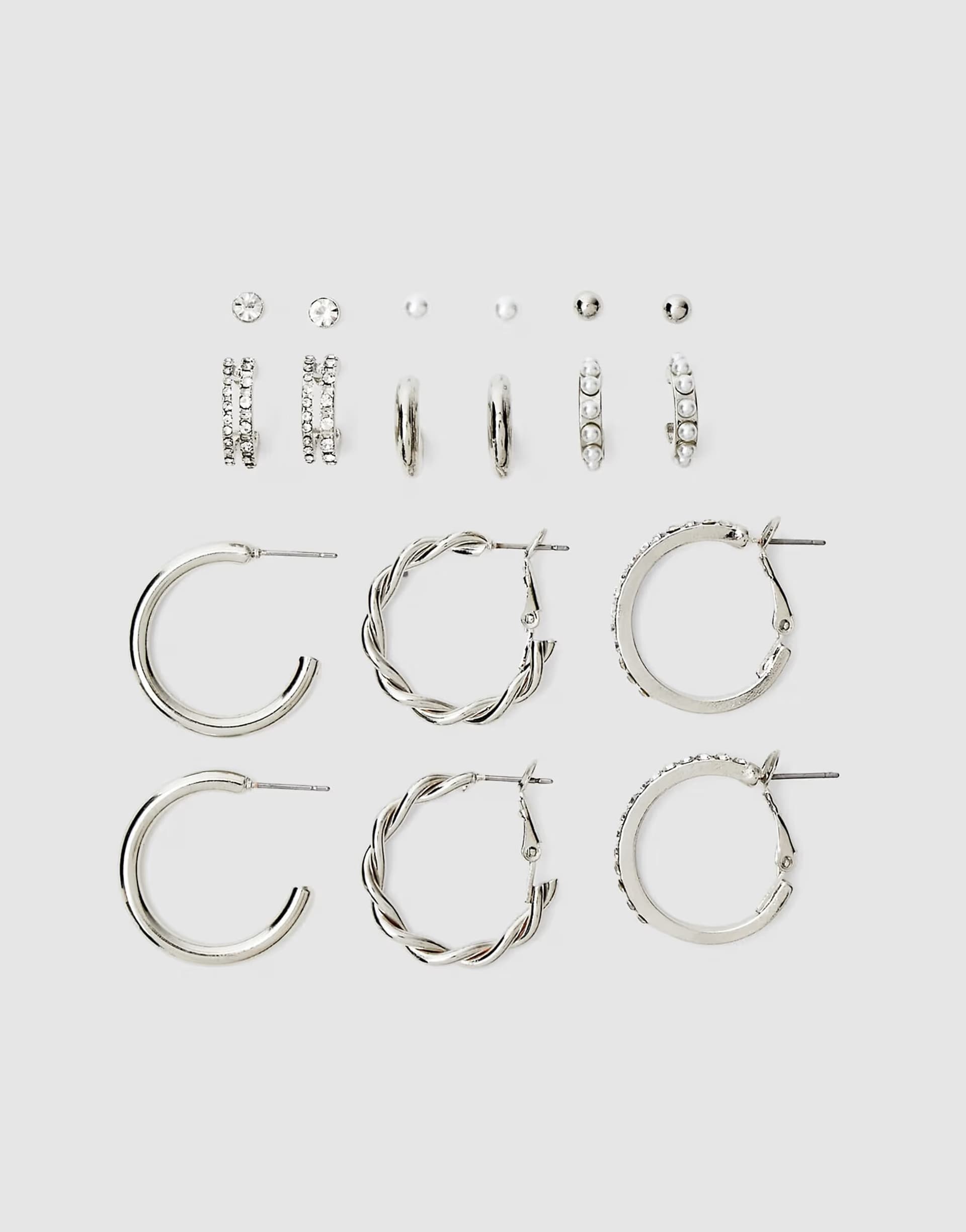 ASOS Stradivarius 9 pack of rhinestone and pearl bead hoop earrings in grey