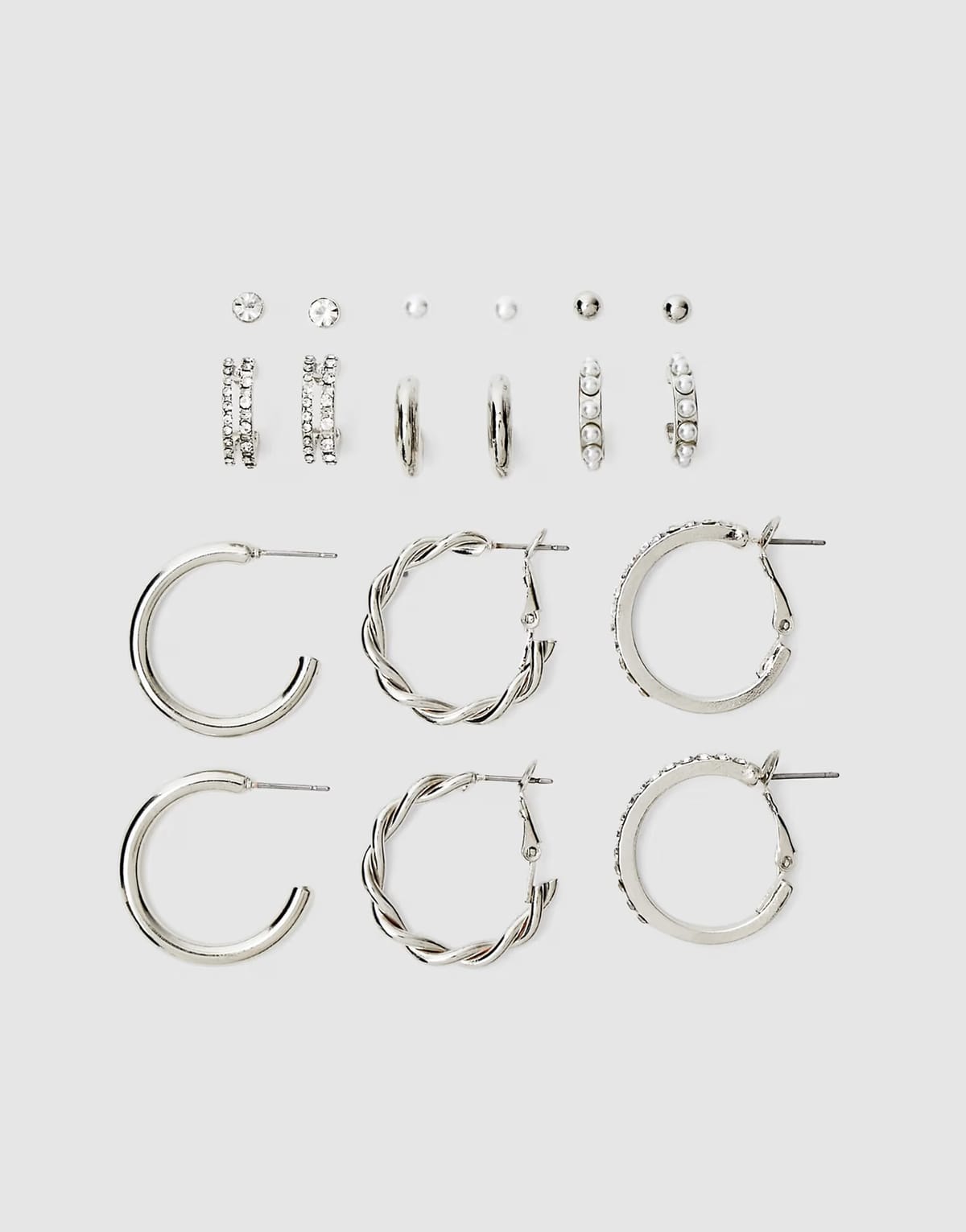 ASOS Stradivarius 9 pack of rhinestone and pearl bead hoop earrings in grey - 1
