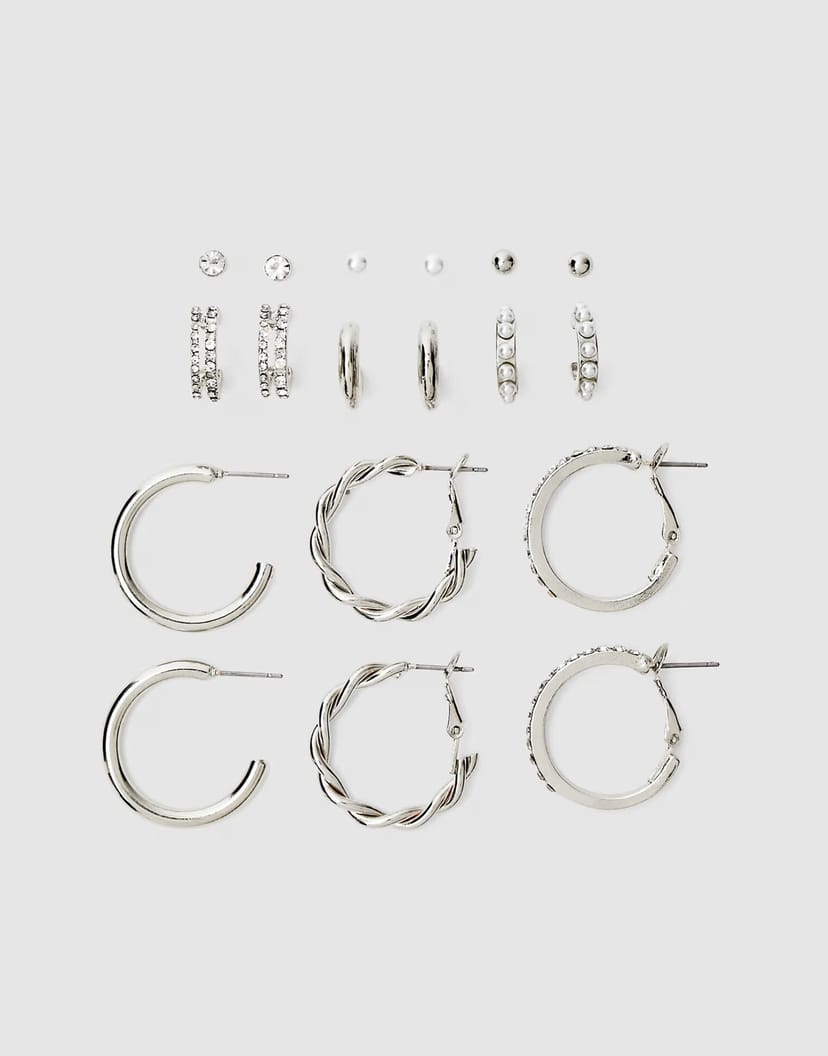 ASOS Stradivarius 9 pack of rhinestone and pearl bead hoop earrings in grey - 1
