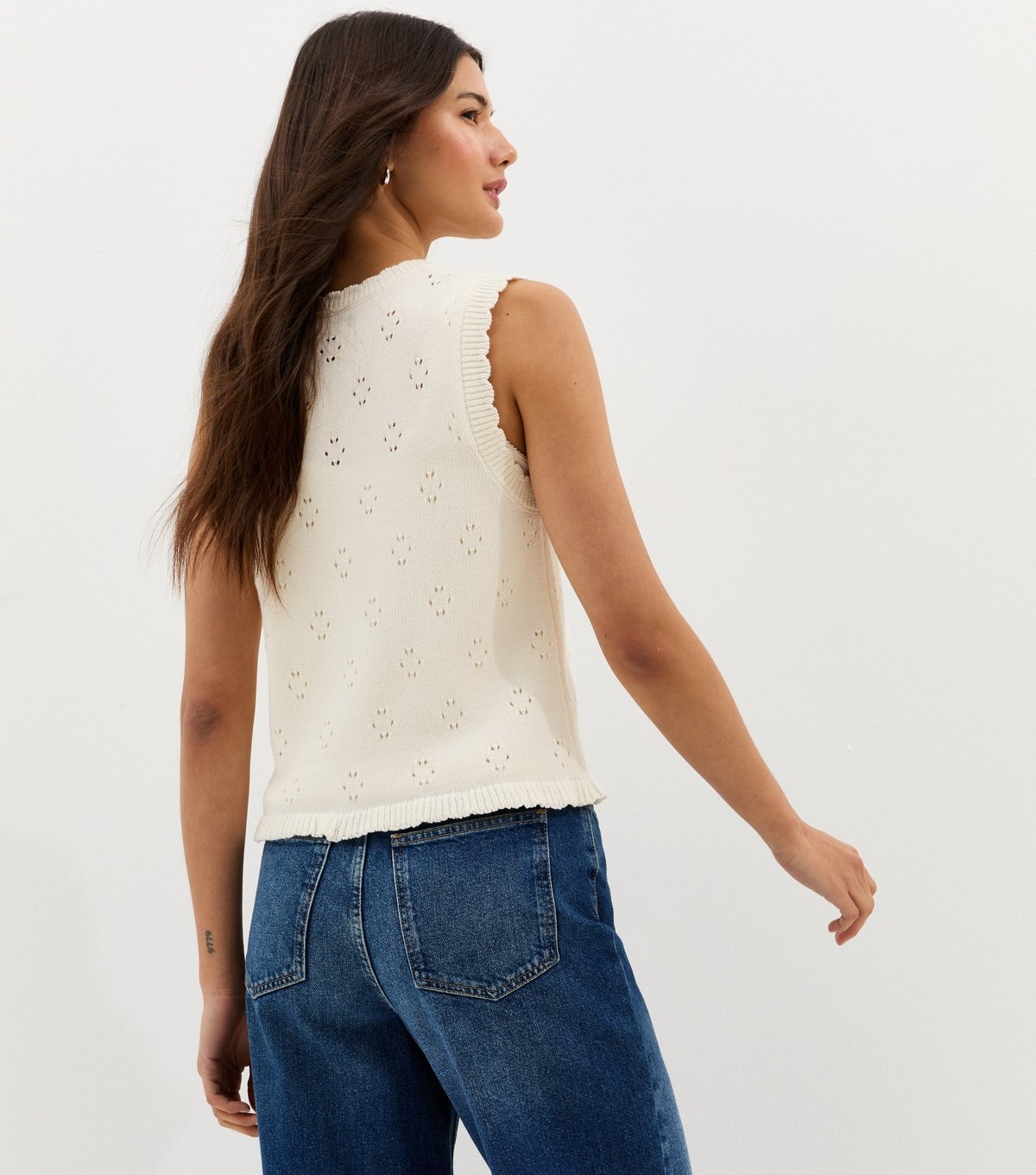 New Look Women's Cream Cotton Rich Stitch Detail Scallop Trim Waistcoat New Look - 4