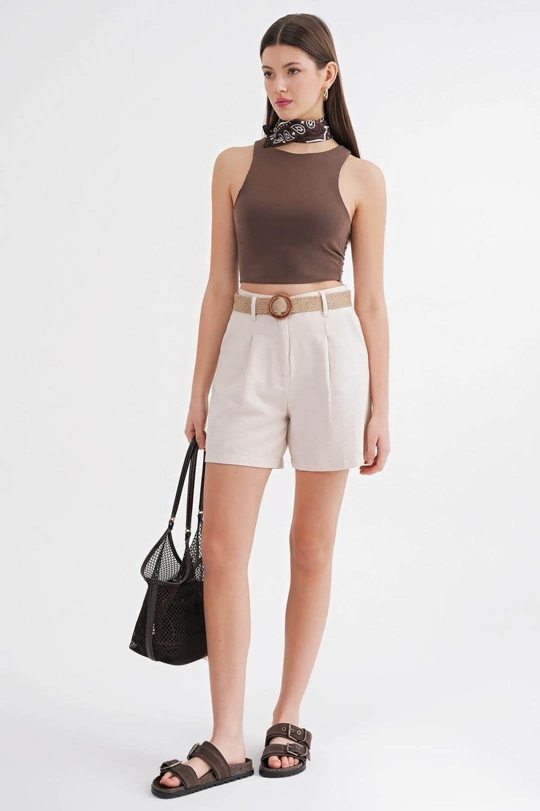 MixRay MixRay Women's High-Waisted Shorts with Belt Detail in Medium Beige - 4