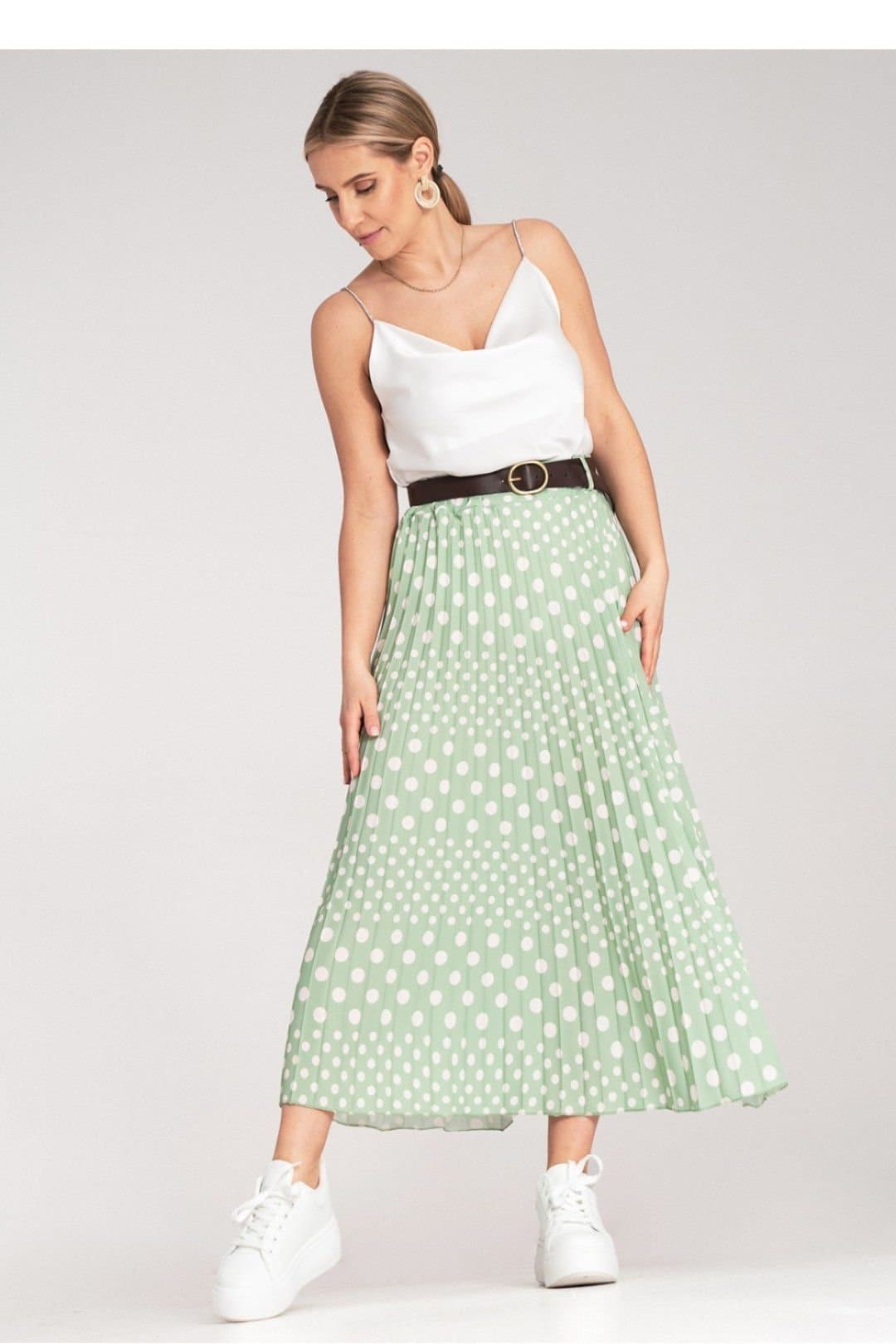 Love Lace Love Lace Women's High Waisted Pleated Midi Polka Dot Skirt in Green