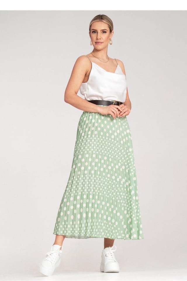 Love Lace Love Lace Women's High Waisted Pleated Midi Polka Dot Skirt in Green - 2