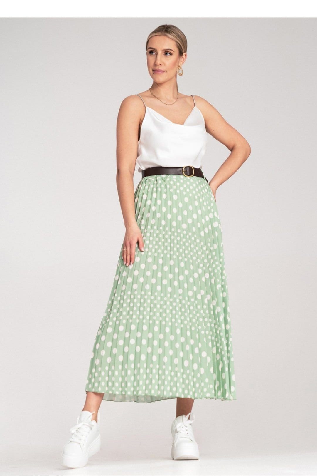 Love Lace Love Lace Women's High Waisted Pleated Midi Polka Dot Skirt in Green - 4