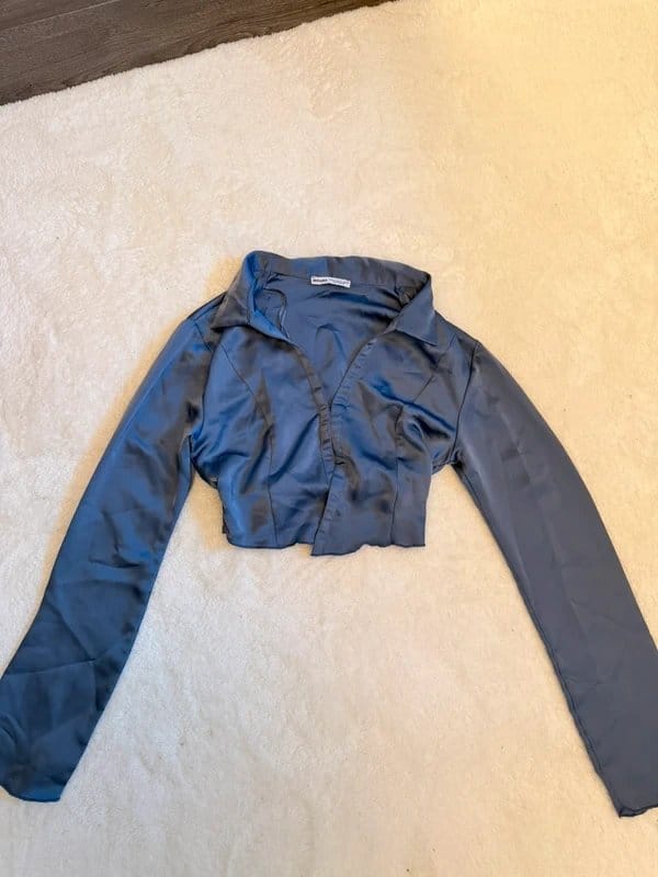 Bershka Blue Silk Cropped Long Sleeve Shirt