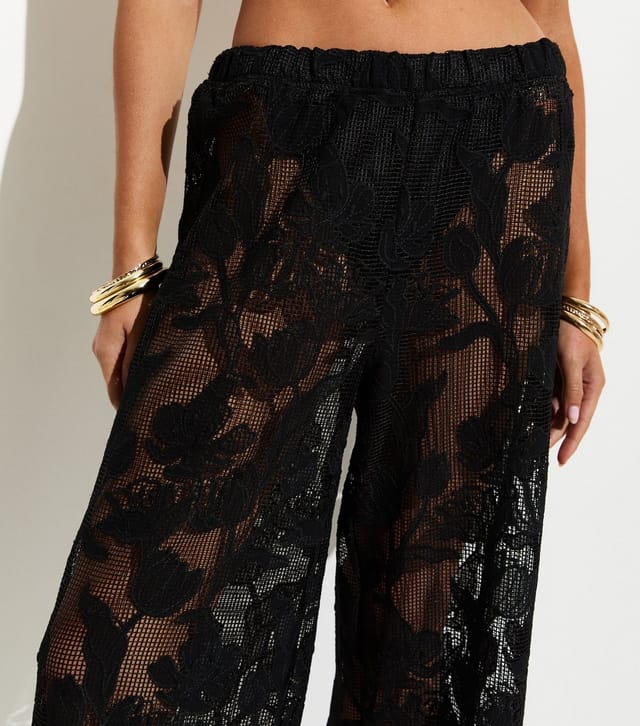 New Look Women's Premium Black Embroidered Netted Floral Lace Beach Wide Leg Trousers New Look - 2