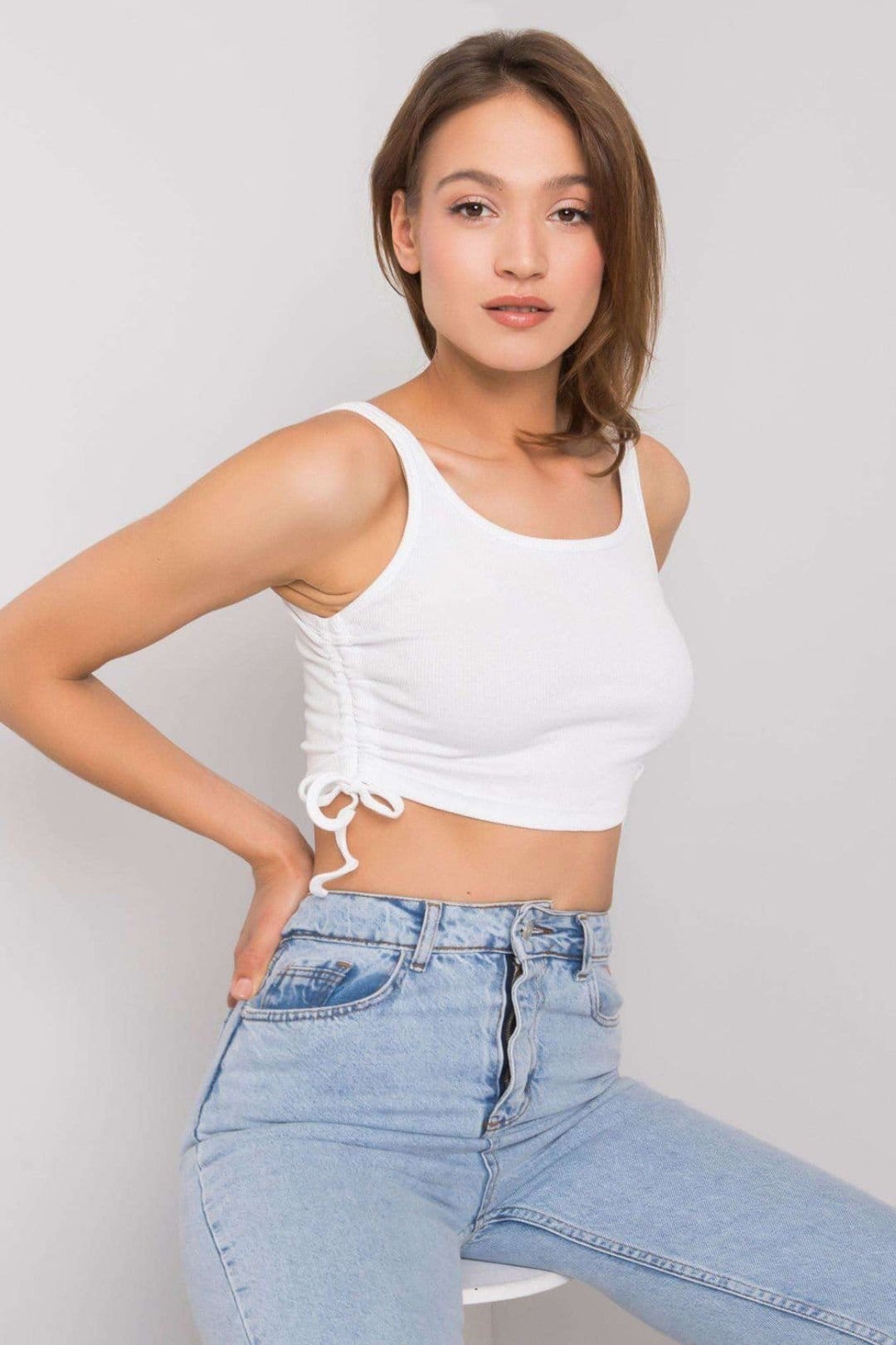 Love Lace Love Lace Women's Ribbed Cotton Elastane Crop Top with Drawstrings in White - 4