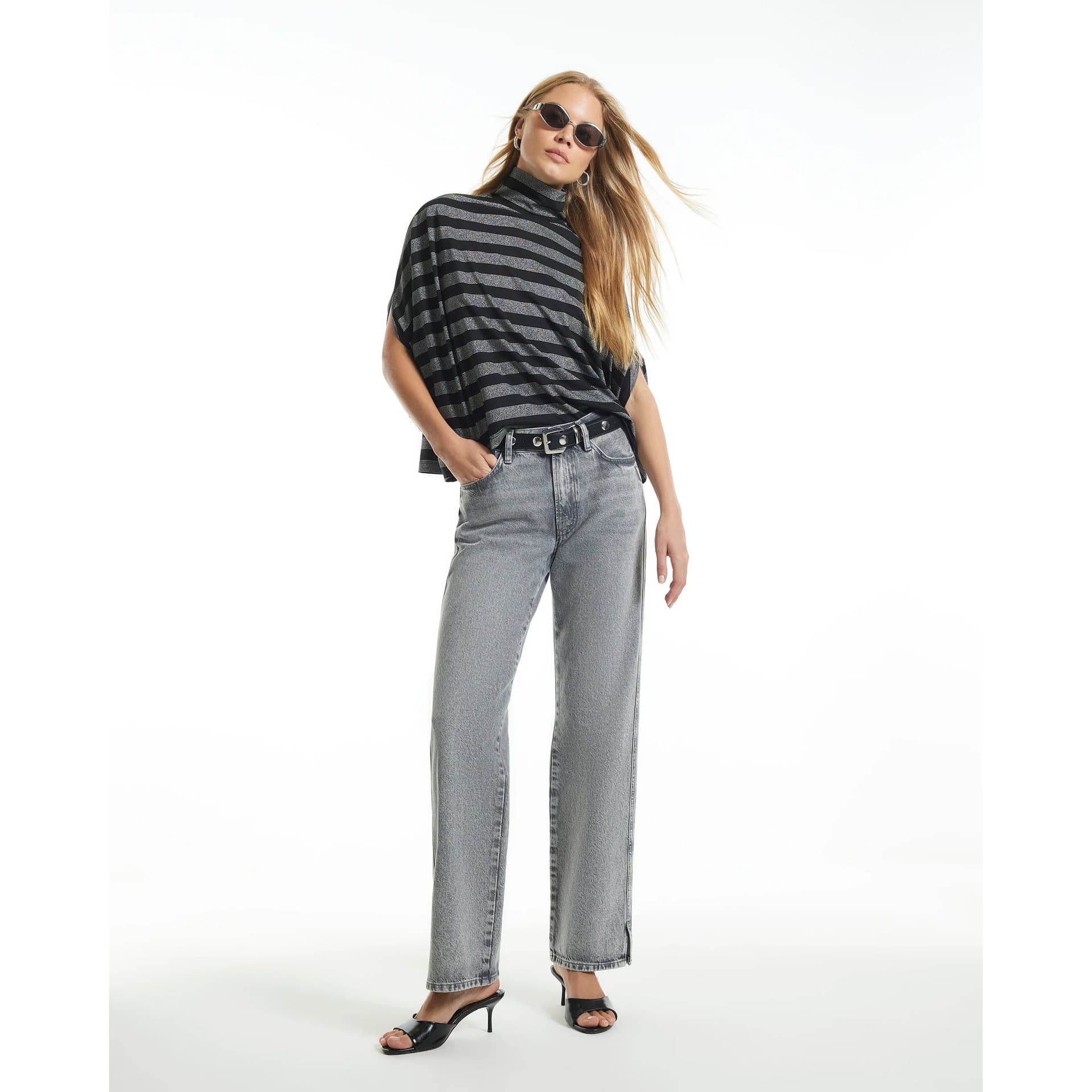 River Island River Island Womens Silver Funnel Neck Metallic Stripe Cape Top