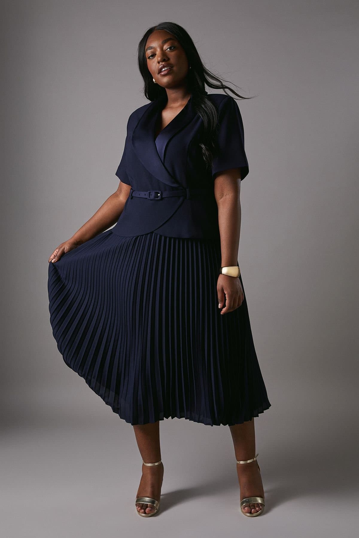 Coast Coast Women's Plus 2 In 1 Wrap Dress With Pleated Skirt in Navy