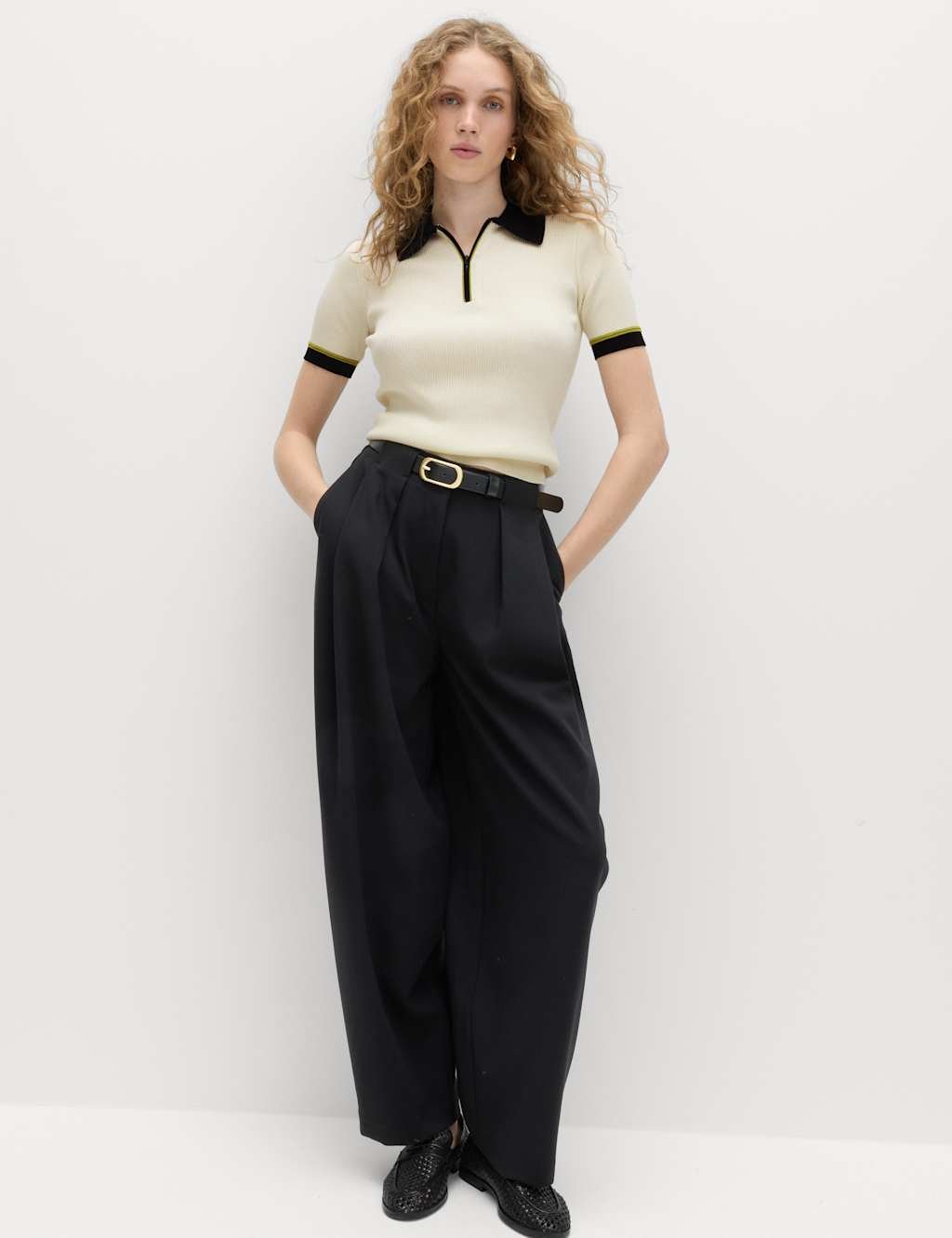 Marks & Spencer M&S Collared Half Zip Fitted Knitted Top Ivory Mix - 3