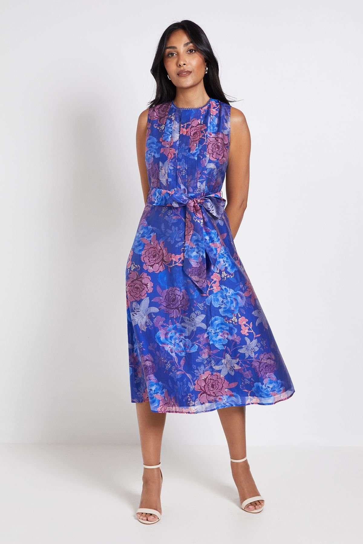 Wallis Wallis Women's Petite Floral Pleat Detail Belted Midi Dress in Blue