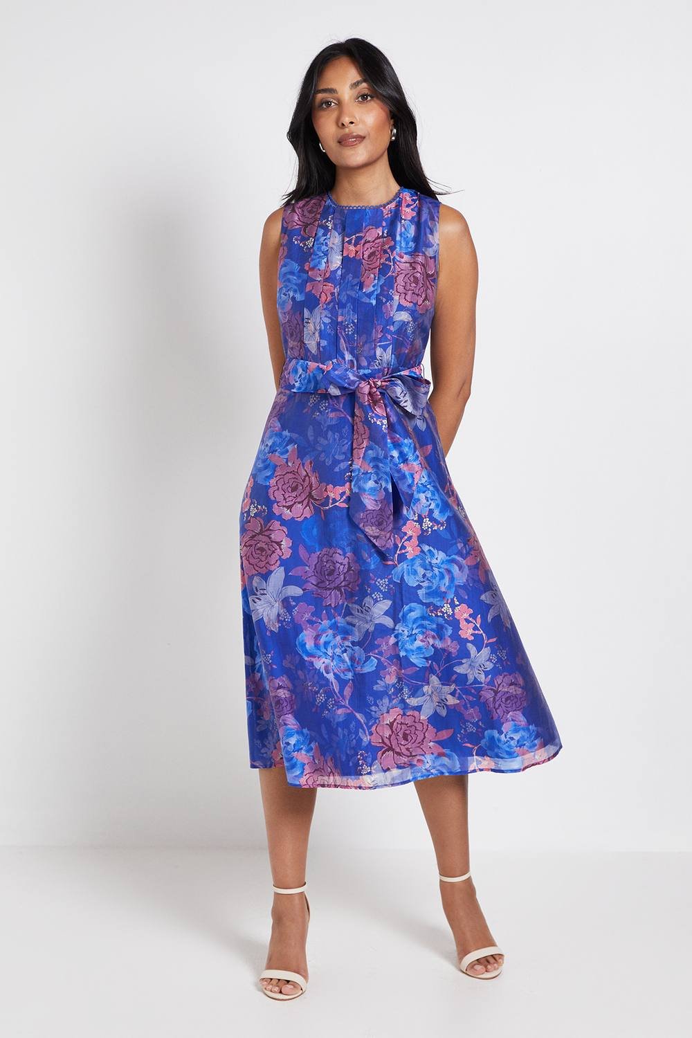 Wallis Wallis Women's Petite Floral Pleat Detail Belted Midi Dress in Blue - 2