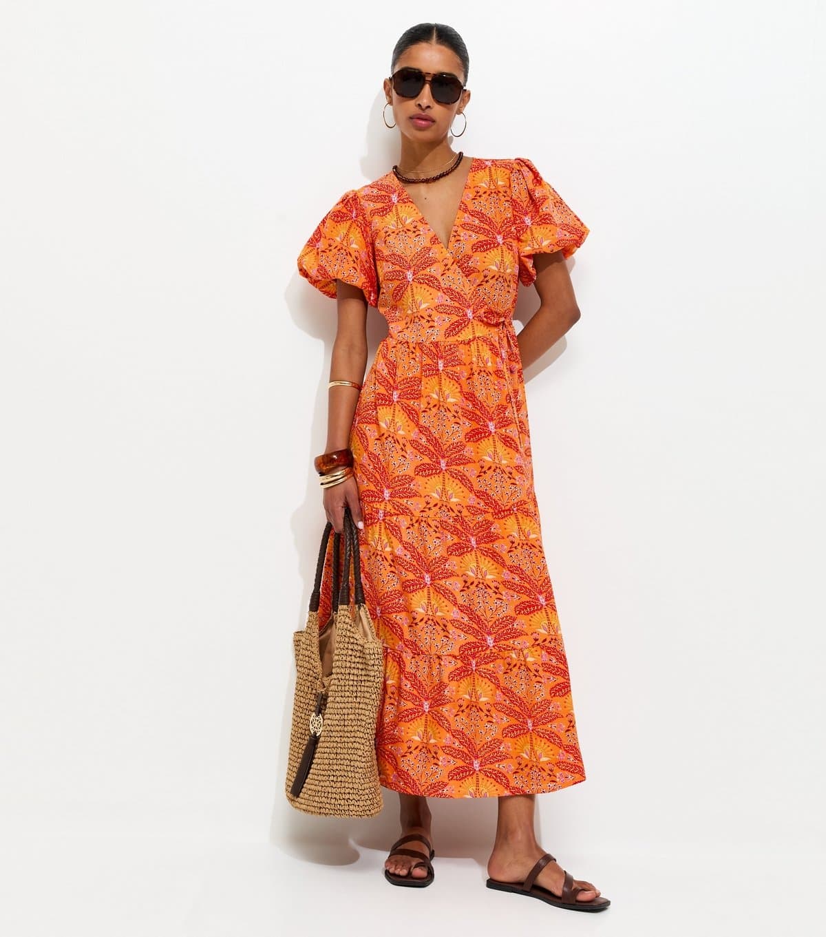 New Look Women's Orange Crepe Tropical Pattern Wrap Midi Dress New Look