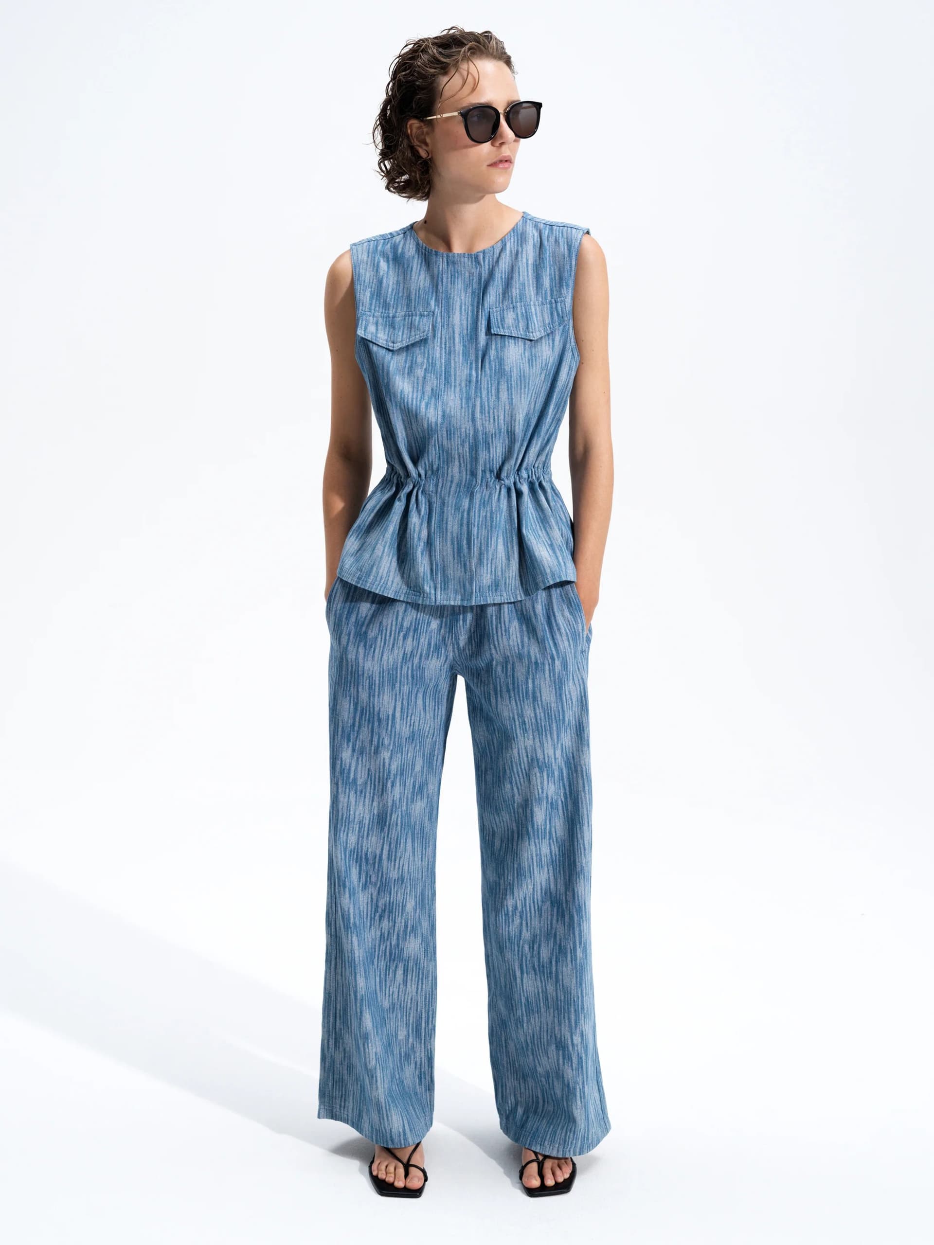 French Connection Bessie Textured Denim Wide Leg Trousers Mid Blue