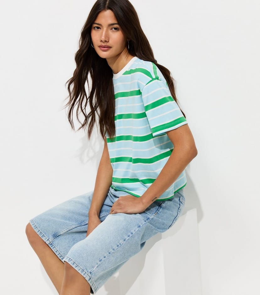 New Look Women's Blue Cotton Striped Boxy T-Shirt New Look - 1