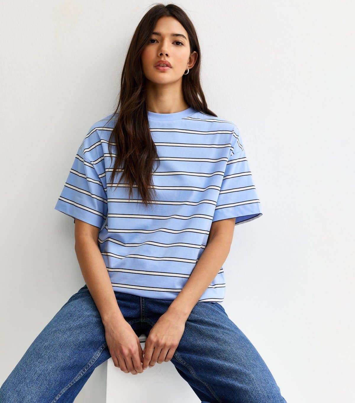 New Look Women's Blue Cotton Striped Oversized T-Shirt New Look