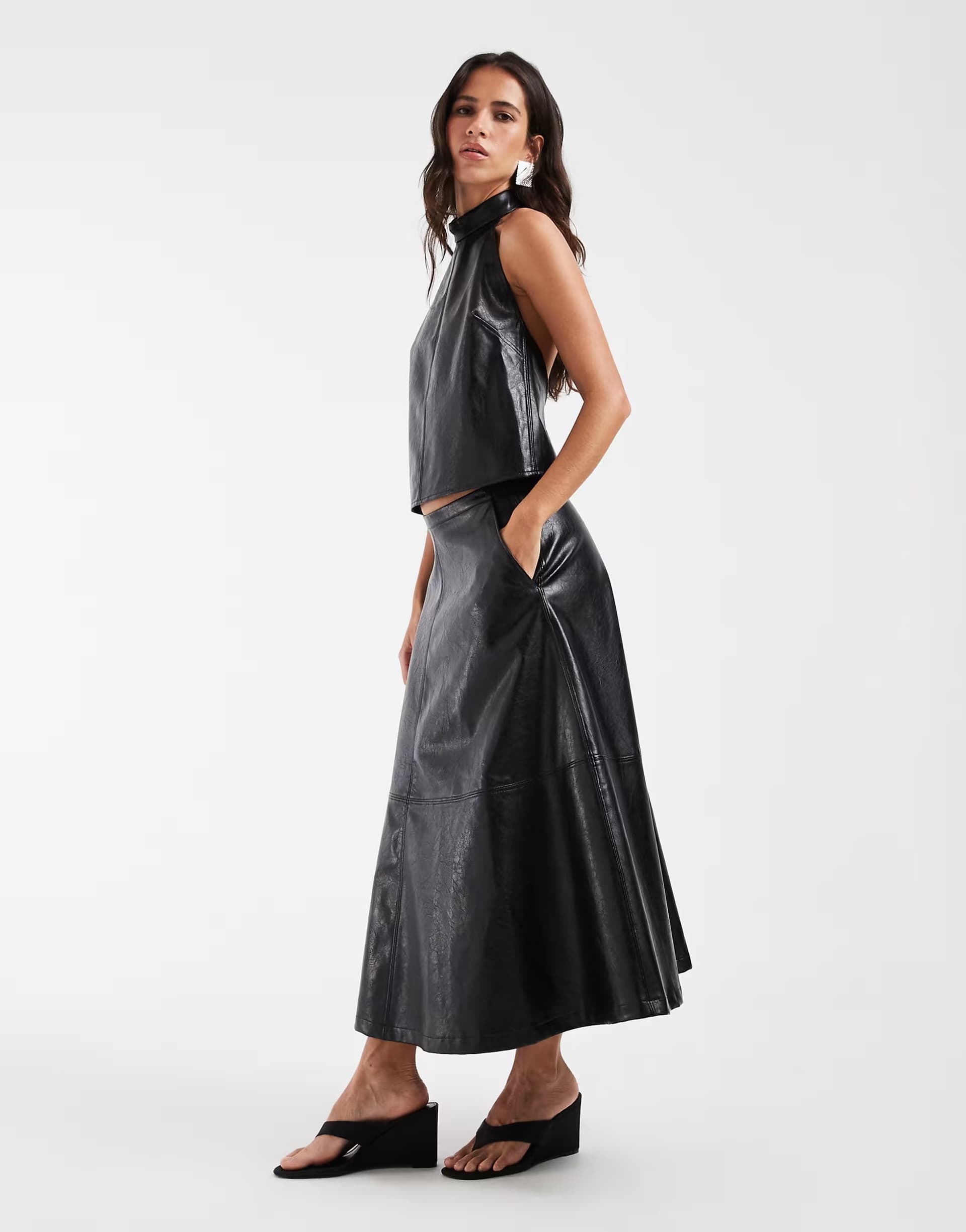 ASOS ASOS DESIGN Tailored faux leather midi circle skirt in black crackle