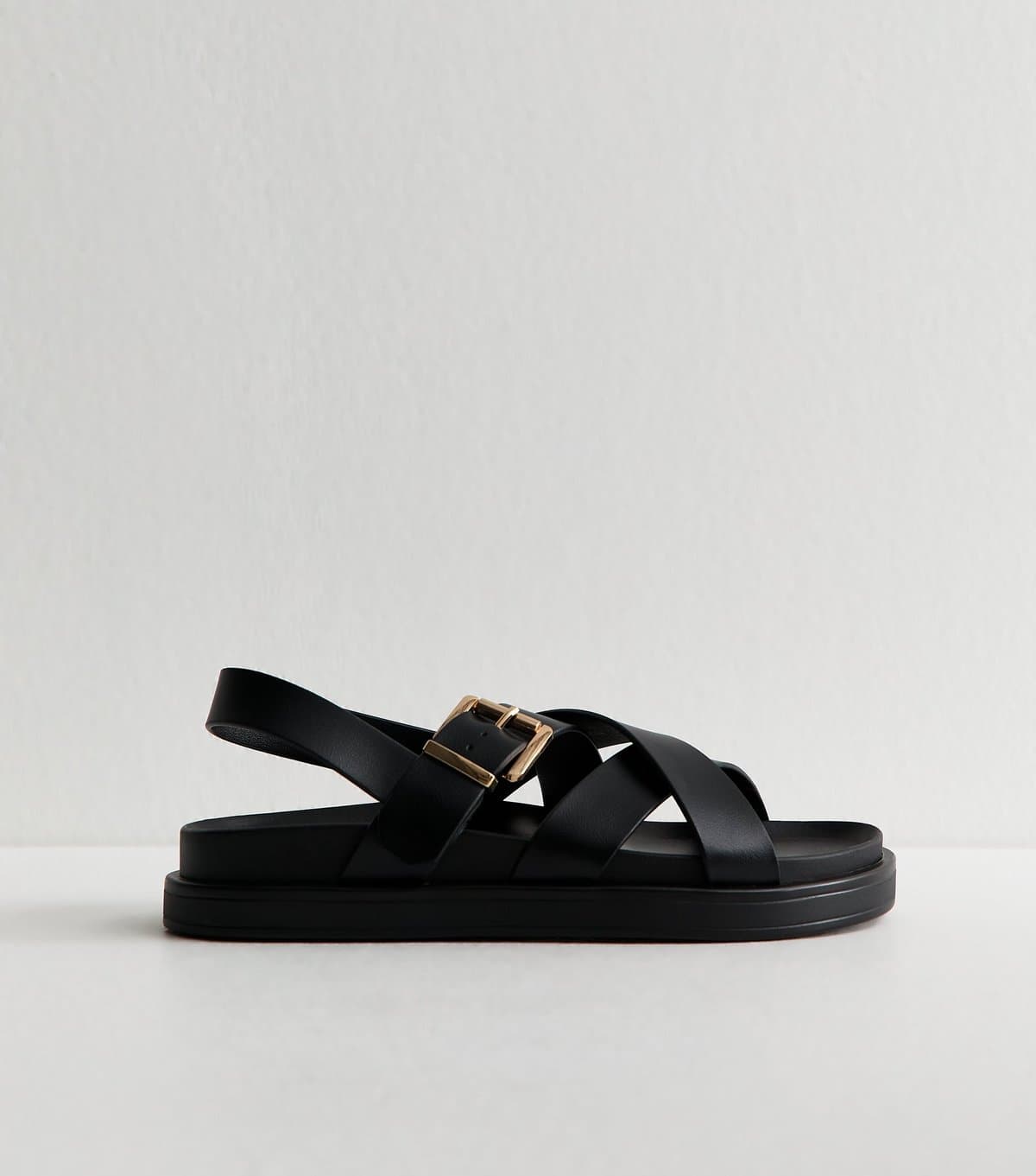 New Look Women's Black Faux Leather Multi Strap Chunky Flat Sandals Vegan New Look