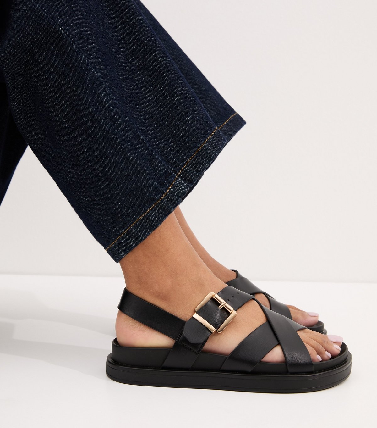 New Look Women's Black Faux Leather Multi Strap Chunky Flat Sandals Vegan New Look - 2