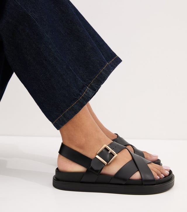New Look Women's Black Faux Leather Multi Strap Chunky Flat Sandals Vegan New Look - 2