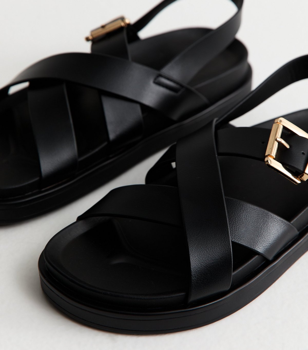 New Look Women's Black Faux Leather Multi Strap Chunky Flat Sandals Vegan New Look - 3