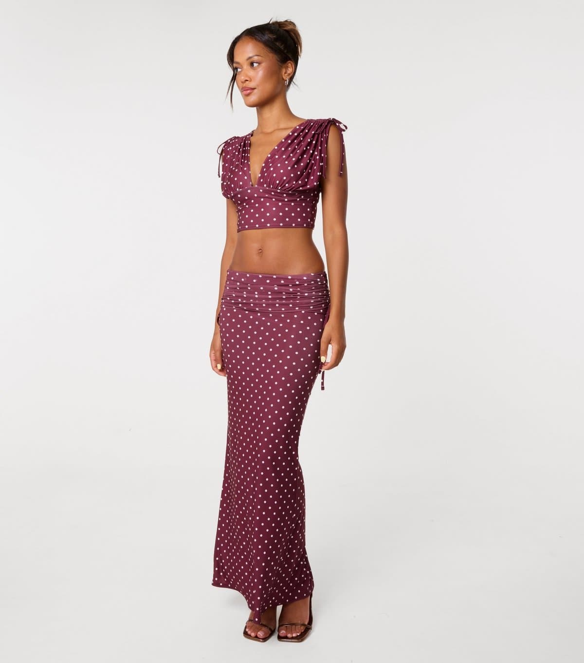 Pink Vanilla Women's Dark Burgundy Polka Dot Ruched Maxi Skirt Pink Vanilla New Look
