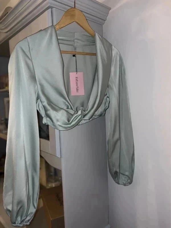 For Luxe Sake satin 2 piece co-ord set long sleeve crop top skirt suit sage mint wedding occasion dress outfit