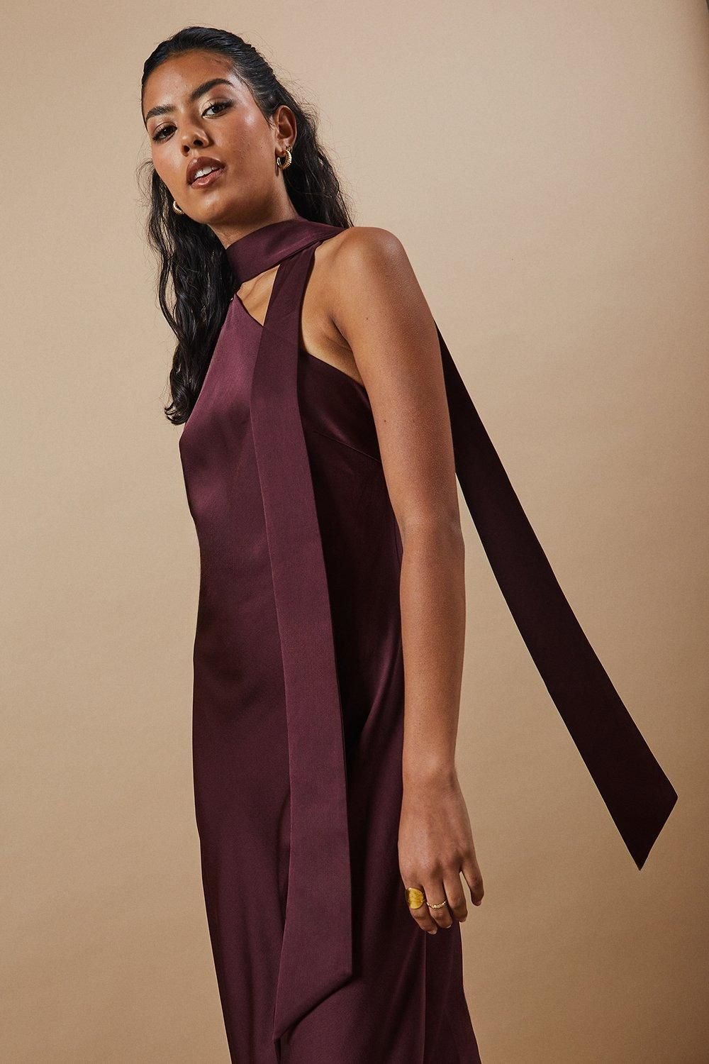 Oasis Oasis Women's Petite Occasion Tie Bias Maxi Dress in Chocolate - 4