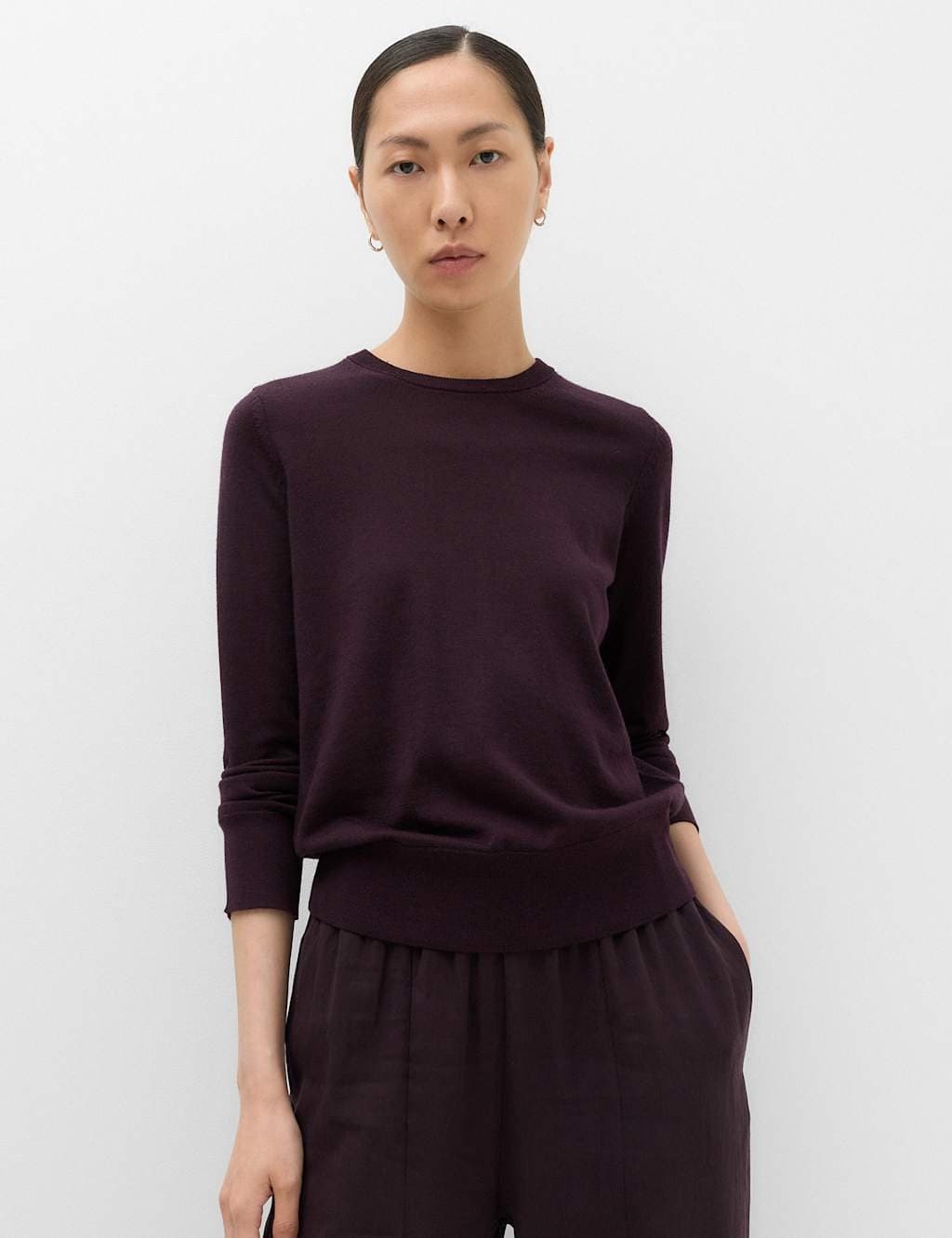 Marks & Spencer M&S Pure Merino Crew Neck Jumper Dark Aubergine