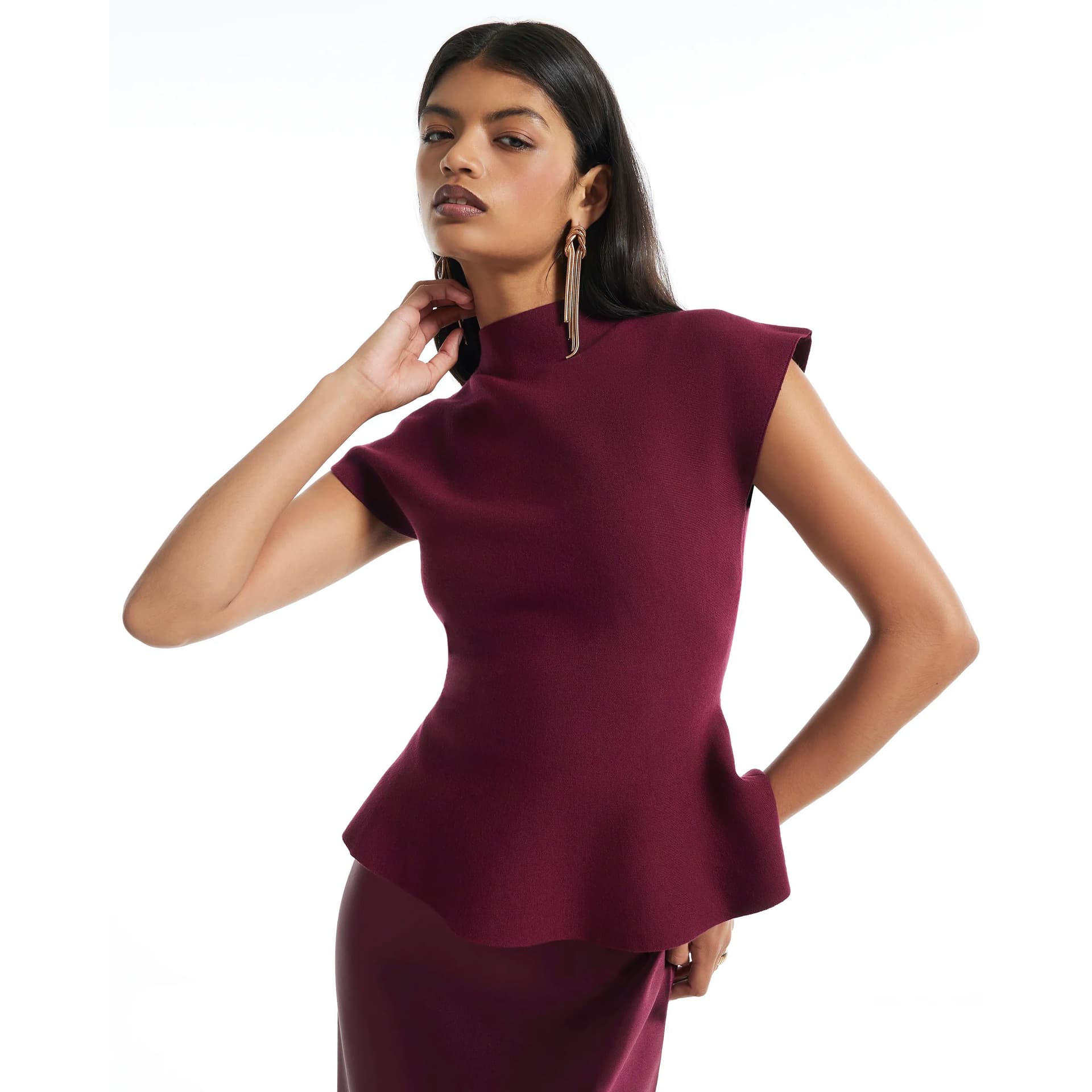 River Island River Island Womens Burgundy Hybrid Satin Knit Peplum Maxi Dress