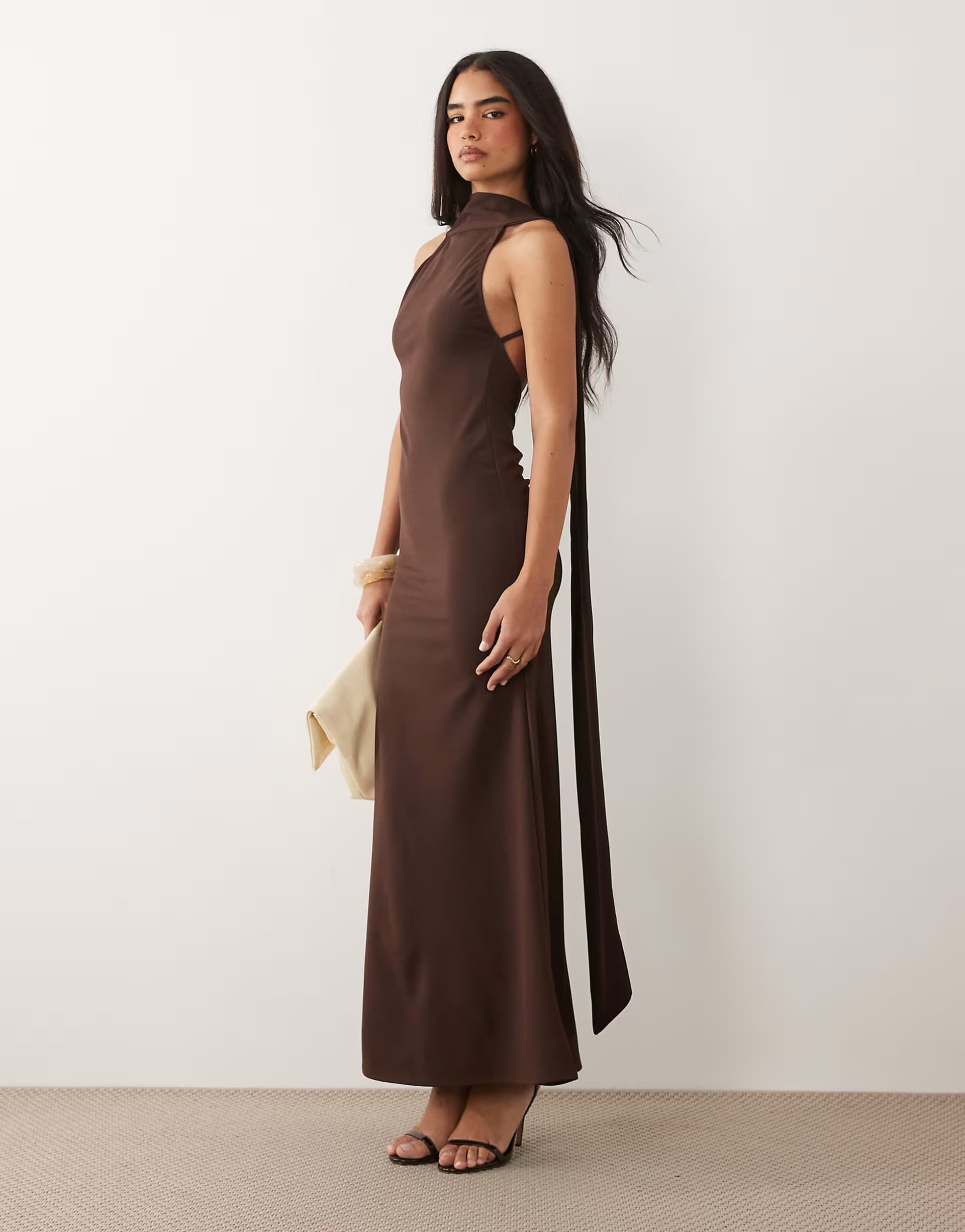 ASOS ASOS DESIGN scarf detail detail with plunge back in chocolate brown