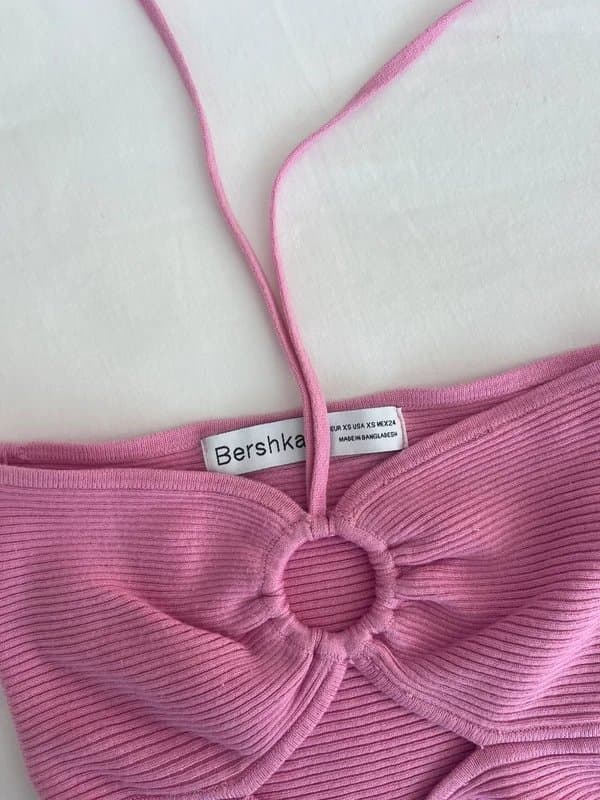 Bershka Bershka pink knitted halter neck top with ring detail