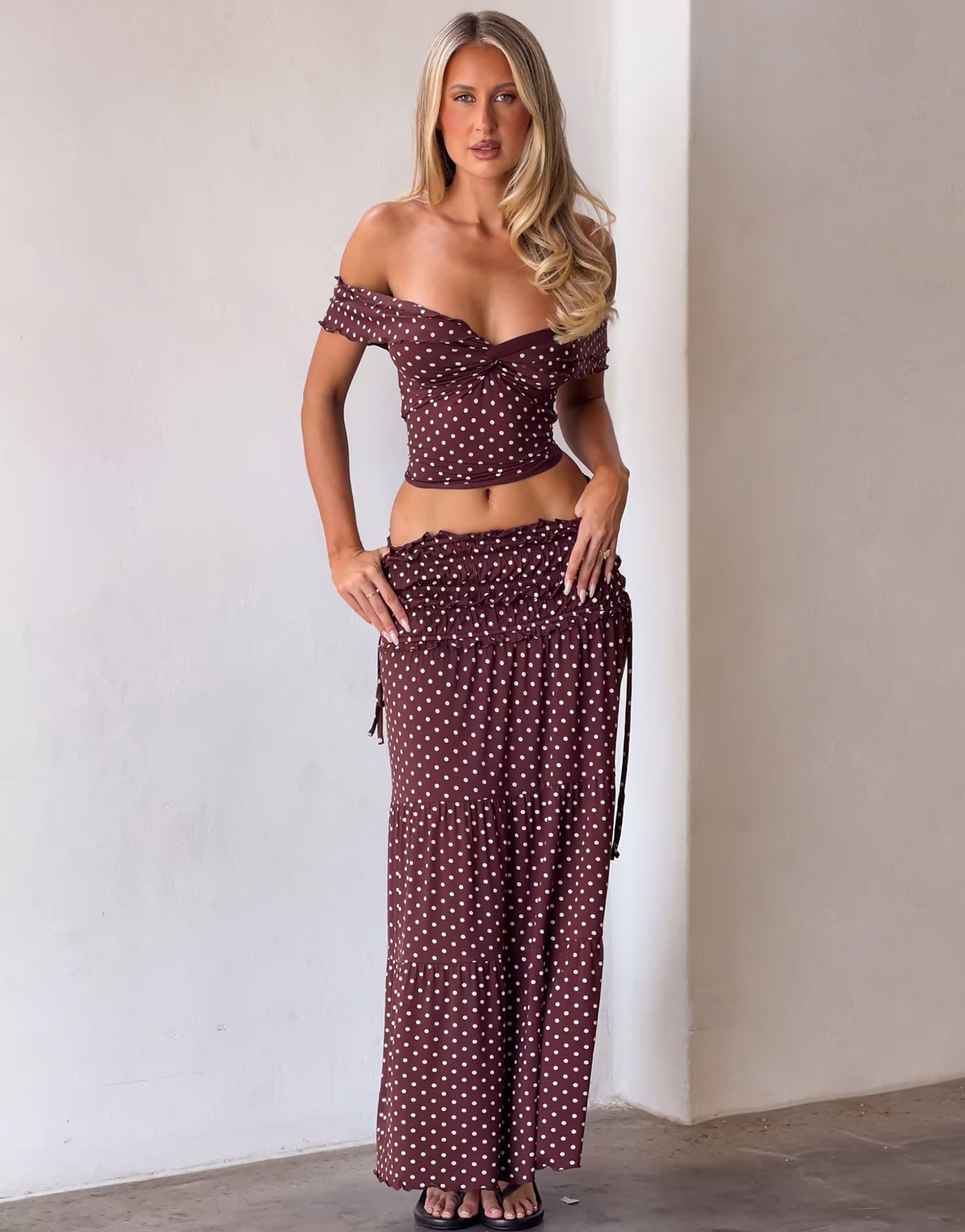 ASOS Brown Polka Dot Off-Shoulder Top Co-Ord