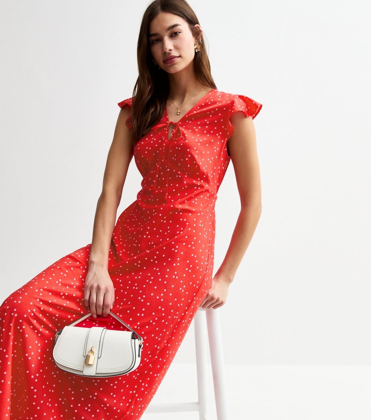 New Look Women's Red Polka Dot Flutter Sleeve Midi Dress New Look